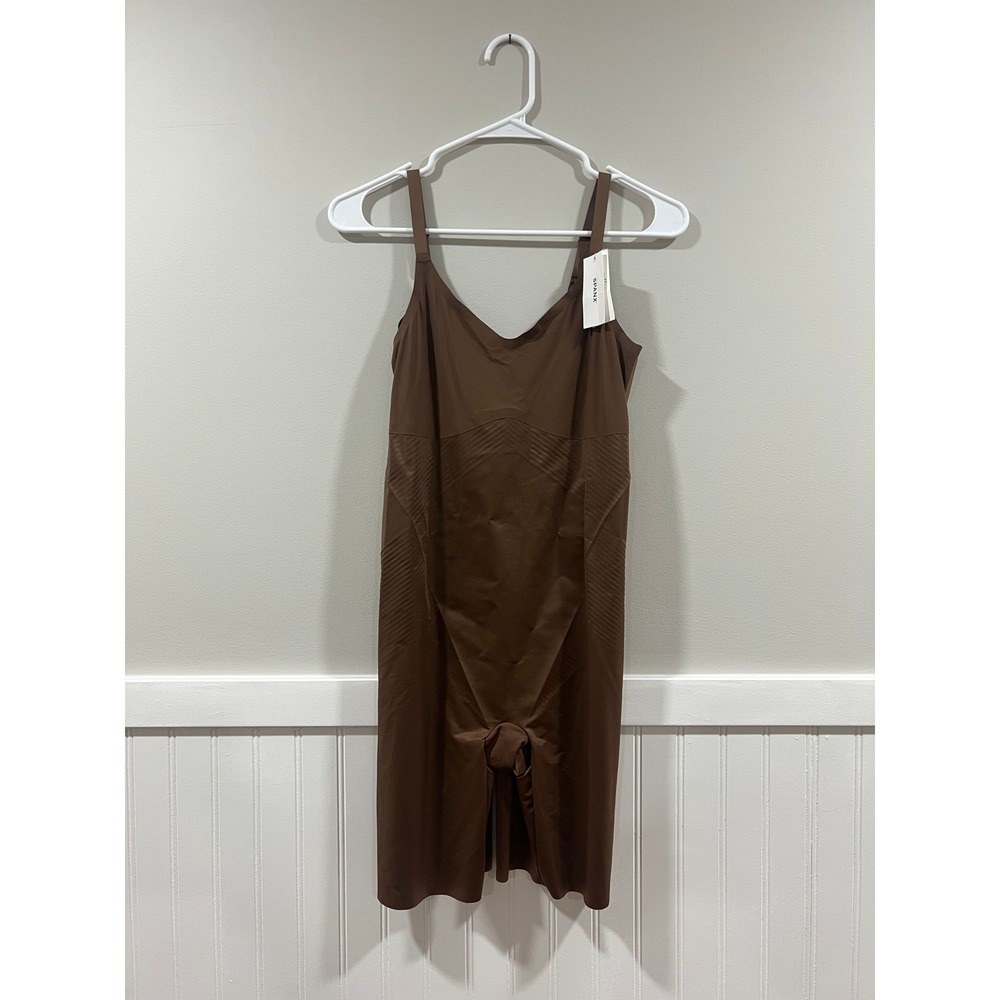 SPANX Mid Thigh Bodysuit Shapewear Brown Stretch Adjustable Straps Women Sz XL